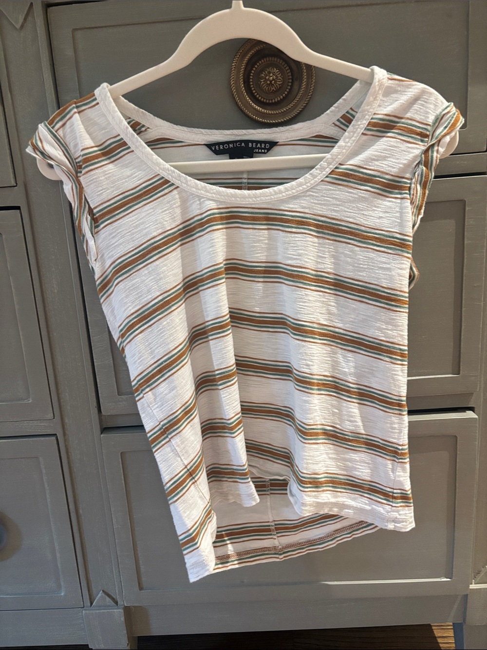 Veronica Beard Rolled Sleeve Tee with Brown and Green Stripes